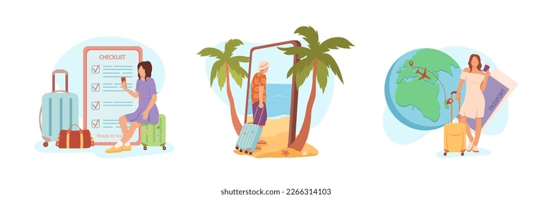 Journey checklist and dream of vacation. People waiting their travel, checking necessary, and looking forward to voyage. Suitcase for tour abroad, travel presentation. Vector cartoon illustration set