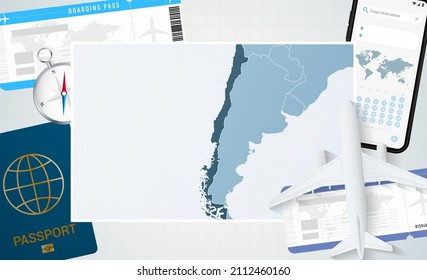 Journey to Chile, illustration with a map of Chile. Background with airplane, cell phone, passport, compass and tickets. Vector mockup.