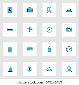 Journey Colorful Icons Set. Collection Of Earth, Map Pin, Taxi And Other Elements. Also Includes Symbols Such As Railway, Landscape, Bag.
