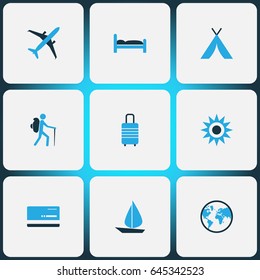 Journey Colorful Icons Set. Collection Of Sun, Tourist, Bed And Other Elements. Also Includes Symbols Such As Aircraft, Tourist, Ship.