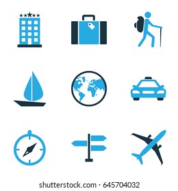 Journey Colorful Icons Set. Collection Of Hotel, Sail, Airplane And Other Elements. Also Includes Symbols Such As Direction, Plane, Bag.