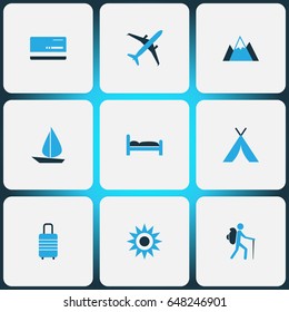 Journey Colorful Icons Set. Collection Of Baggage, Bed, Sun And Other Elements. Also Includes Symbols Such As Tourist, Boat, Sail.