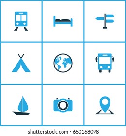 Journey Colorful Icons Set. Collection Of Map Pin, Tent, Train And Other Elements. Also Includes Symbols Such As Transport, Tent, Map.