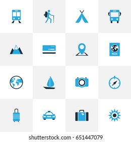 Journey Colorful Icons Set. Collection Of Map Pin, Tent, Baggage And Other Elements. Also Includes Symbols Such As Ship, Mountains, Traveler.