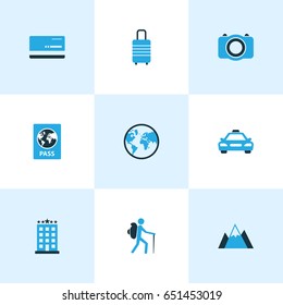 Journey Colorful Icons Set. Collection Of Photo Device, Hotel, Bank Card And Other Elements. Also Includes Symbols Such As Motel, Tourist, Baggage.