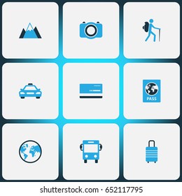 Journey Colorful Icons Set. Collection Of Earth, Baggage, Taxi And Other Elements. Also Includes Symbols Such As Passport, Transport, Suitcase. Journey Colorful Icons Set. Collection Of Earth, Baggage, Taxi And Other Elements. Also Includes Symbols Such As Passport, Transport, Suitcase.