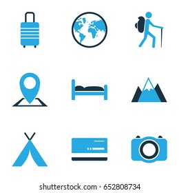 Journey Colorful Icons Set. Collection Of Photo Device, Bank Card, Tourist And Other Elements. Also Includes Symbols Such As Tourist, Shelter, Mountains.