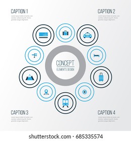 Journey Colorful Icons Set. Collection Of Taxi, Mountains, Map Pin And Other Elements. Also Includes Symbols Such As Location, Signpost, Bed.