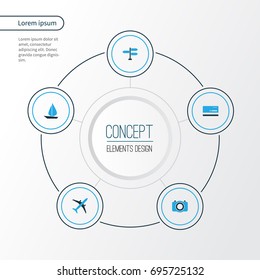 Journey Colorful Icons Set. Collection Of Bank Card, Airplane, Signpost And Other Elements. Also Includes Symbols Such As Bank, Ship, Camera.