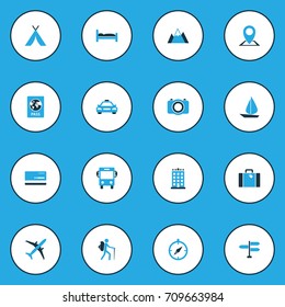 Journey Colorful Icons Set. Collection Of Map Pin, Passport, Bed And Other Elements. Also Includes Symbols Such As Mountains, Doss, Autobus.