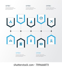 Journey Colorful Icons Set. Collection Of Tent, Passport, Photo Device And Other Elements. Also Includes Symbols Such As Identification, Planet, Camera.