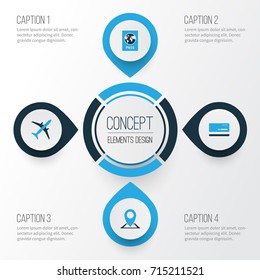 Journey Colorful Icons Set. Collection Of Bank Card, Airplane, Map Pin And Other Elements. Also Includes Symbols Such As Airplane, Map, Aircraft.