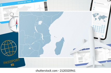 Journey to Comoros, illustration with a map of Comoros. Background with airplane, cell phone, passport, compass and tickets. Vector mockup.