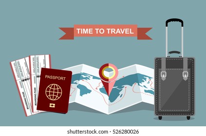 Journey concept. Baggage for holiday tour design, adventure object map and pin isolated. Vector illustration