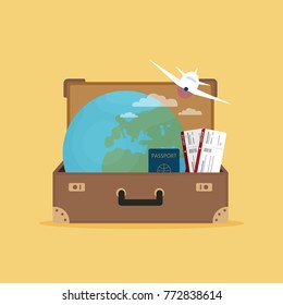 Journey concept illustration. Opened bag with tickets, Earth and plane.
