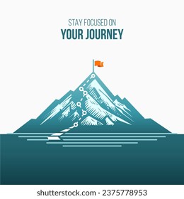 journey concept vector illustration of a mountain with path and a flag at the top, route to mountain peak, business journey and planning concept.