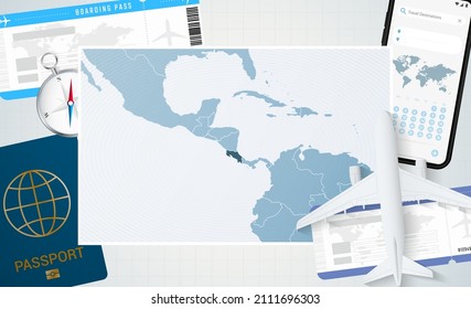 Journey to Costa Rica, illustration with a map of Costa Rica. Background with airplane, cell phone, passport, compass and tickets. Vector mockup.