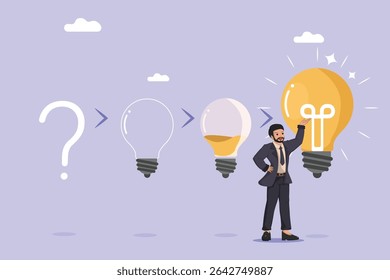 The Journey of Creative Problem Solving: A Step-by-Step Progression from Uncertainty to a Brilliant New Idea, Illustrated with Light Bulbs and a Confident Entrepreneur.