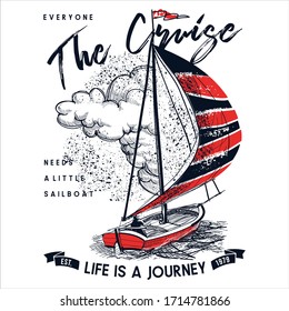 Journey Cruise sailboat print hand drawn on white background vector illustration t-shirt print for men menswear 