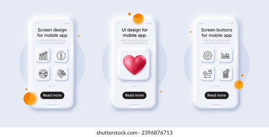 Journey, Deflation and Investment line icons pack. 3d phone mockups with heart. Glass smartphone screen. Execute, Calculator, Graph chart web icon. Targeting, Info pictogram. Vector