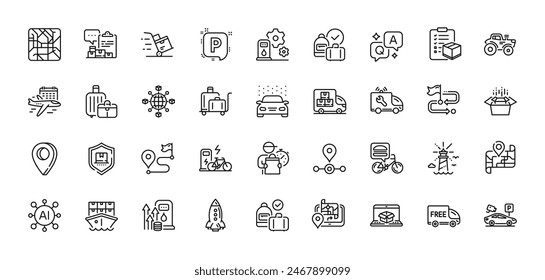 Journey, Delivery truck and Lighthouse line icons pack. AI, Question and Answer, Map pin icons. Logistics network, Car service, Online delivery web icon. Vector