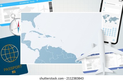 Journey to Dominica, illustration with a map of Dominica. Background with airplane, cell phone, passport, compass and tickets. Vector mockup.