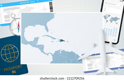 Journey to Dominican Republic, illustration with a map of Dominican Republic. Background with airplane, cell phone, passport, compass and tickets. Vector mockup.