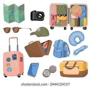 Colección de garabatos Journey. Conjunto de atributos de viaje, equipaje, accesorios de viaje. Ilustración vectorial en estilo de dibujos animados aislado en blanco.