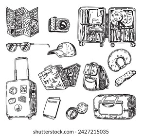 Journey doodles collection. Sketches set of trip attributes, luggage, travel accessories. Vector illustration in engraving style isolated on white.