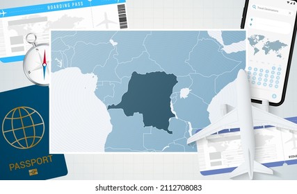 Journey to DR Congo, illustration with a map of DR Congo. Background with airplane, cell phone, passport, compass and tickets. Vector mockup.