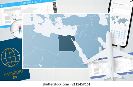 Journey to Egypt, illustration with a map of Egypt. Background with airplane, cell phone, passport, compass and tickets. Vector mockup.