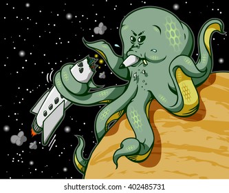 The journey ends up! A big alien monster chews a human-driven spaceship, while it stands on his yellowish planet. OMG!!