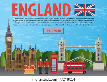Journey to England concept. Landscape with London landmarks, big ben, red telephone booth, bridge vector illustration flat
