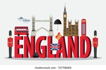 Journey to England concept. Volumetric inscription England with elements of culture, architecture and traditions isolated on white background vector illustration
