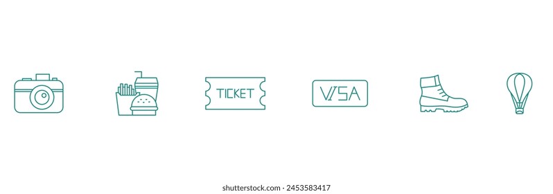 Journey Essentials: Camera, Food, Ticket, Visa, Boot, Balloon Vector Icons