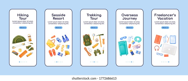 Journey essentials onboarding mobile app screen flat vector template. Travel equipment. Walkthrough website steps with characters. UX, UI, GUI smartphone cartoon interface, case prints set