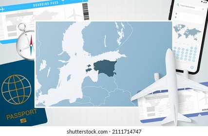 Journey to Estonia, illustration with a map of Estonia. Background with airplane, cell phone, passport, compass and tickets. Vector mockup.