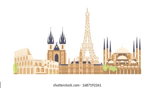 Journey European to the most renowned sights. Architectural outside 
buildings of the famous european cities. Horizontal travet banner. Flat Art Vector Illustration
