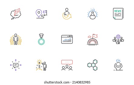 Journey, Fake news and Chemistry experiment line icons for website, printing. Collection of Copyright chat, Difficult stress, Sms icons. Group, Website statistics. Bicolor outline Journey icon. Vector