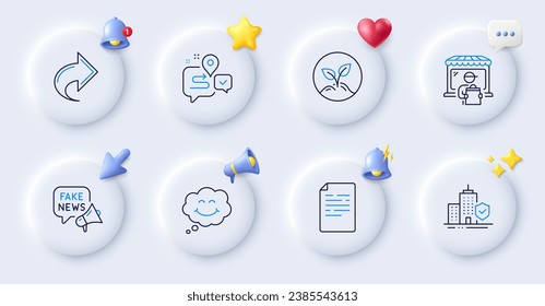 Journey, Fake news and Delivery market line icons. Buttons with 3d bell, chat speech, cursor. Pack of Smile, Startup, Share icon. Apartment insurance, Document pictogram. For web app, printing. Vector