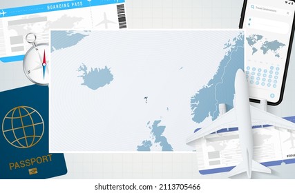 Journey to Faroe Islands, illustration with a map of Faroe Islands. Background with airplane, cell phone, passport, compass and tickets. Vector mockup.