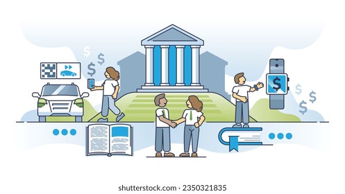 Journey to financial independence with modern payment method outline concept. Economical literacy and skills learning for business knowledge vector illustration. Technological modern bank systems.