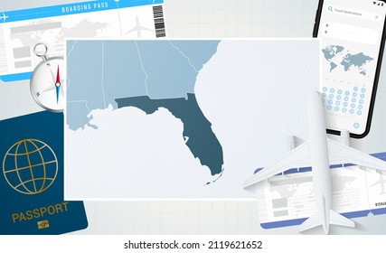 Fahrt nach Florida, Illustration mit einer Karte von Florida. Hintergrund mit Flugzeug, Handy, Pass, Kompass und Tickets. Vektorgrafik hoch.
