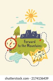 Journey to the Forest Mountains Print. Hiking, Camping. Adventure nature poster for nursery room. Children design card vector doodle naive art illustration