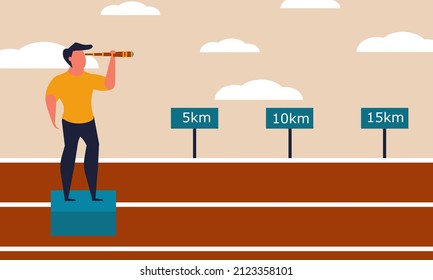 Journey Future Milestone And Man Forward Ambition. Opportunity Ahead And Inspiration Mission Vector Illustration Concept. Businessman Career Challenge And Business Direction Vision To Horizon Goal