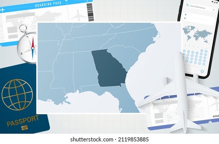 Journey to Georgia, illustration with a map of Georgia. Background with airplane, cell phone, passport, compass and tickets. Vector mockup.