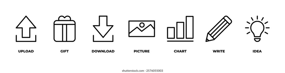 A Journey of Gifts, Charts, and Inspiration icons set vector illustration upload, gift, download, picture, chart, write, idea