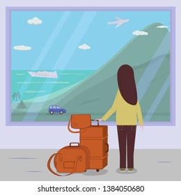 Journey. Girl with suitcases going on a trip.Vector illustration