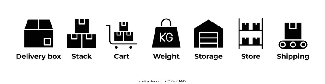 The Journey of Goods and Logistics Icons set vector illustration with Delivery box, Stack, Cart, Weight, Storage, Store, Shipping