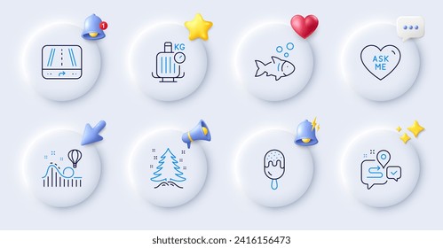 Journey, Gps and Roller coaster line icons. Buttons with 3d bell, chat speech, cursor. Pack of Baggage scales, Fish, Ask me icon. Ice cream, Christmas tree pictogram. For web app, printing. Vector